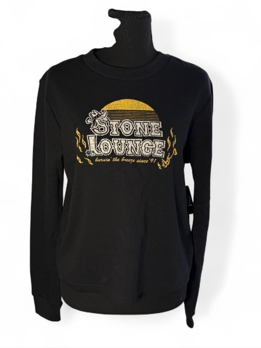 Volcom Womens Thermality Long Sleeve Graphic Waffle Knit Top Black Sz Small NEW